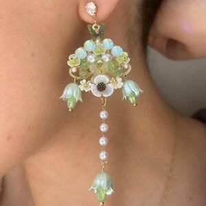 Pink and Gold Dangle Earrings with Floral Accents